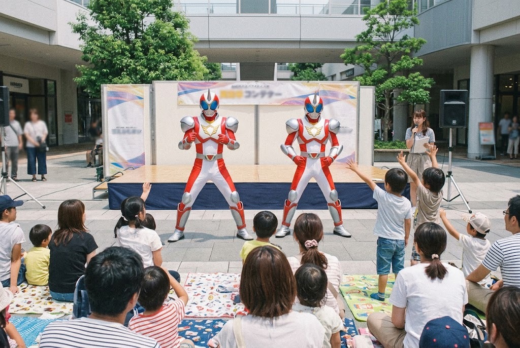 屋外ステージでのヒーローショー本番