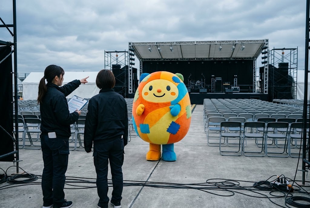 イベント会場で進行を確認するスタッフとキャラクター