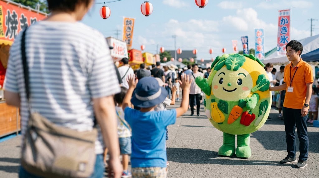 自治体のお祭りの会場で、列に並んだ子どもたちに手を振るご当地キャラクターの着ぐるみ。横に付き添いのスタッフが立っている