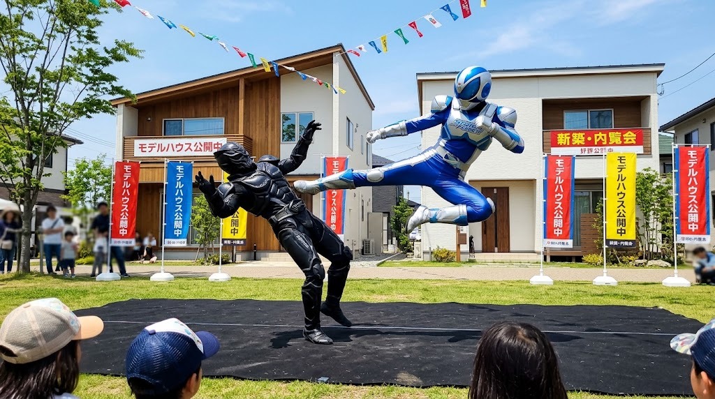 住宅展示場の屋外広場で行われているヒーローショー。モデルハウスとのぼり旗を背に、芝生の上でヒーローが飛び蹴りを決め、家族連れが見ている