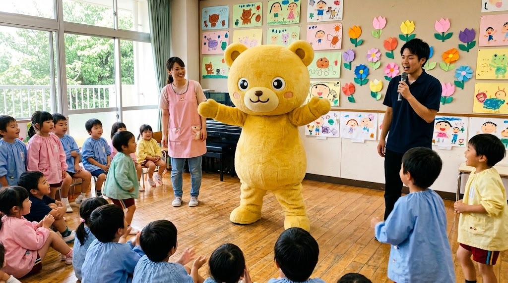 保育園の遊戯室で、床に座った園児たちの前に立つくまのキャラクターと、マイクを持った司会のスタッフ