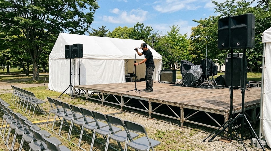 屋外イベントの仮設ステージ。両脇にスピーカー、後ろに白いテントの控室、手前に空のパイプ椅子が並ぶ